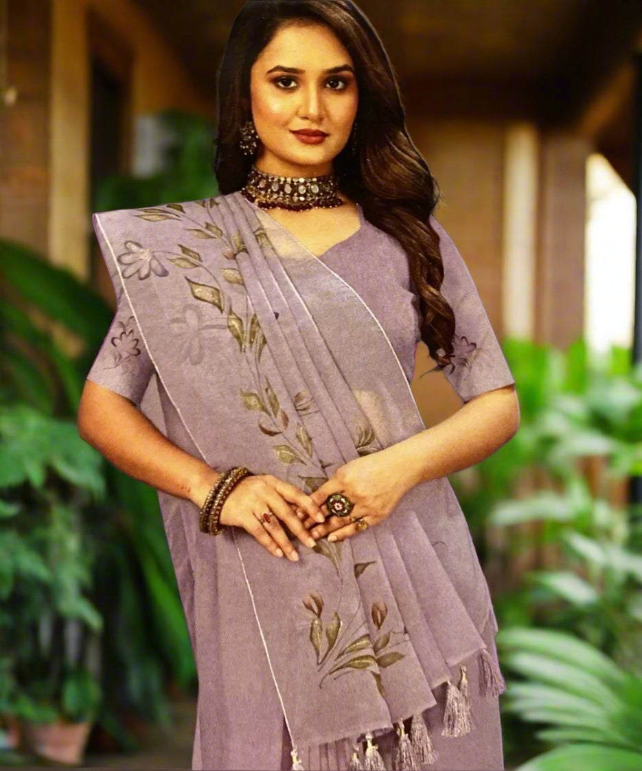Woman wearing a light purple saree with floral patterns for Diwali