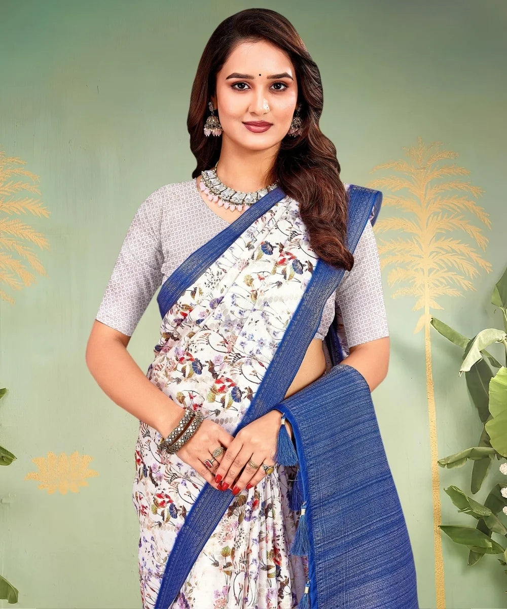 White and Blue Floral Printed Saree for Festive & Office Wear