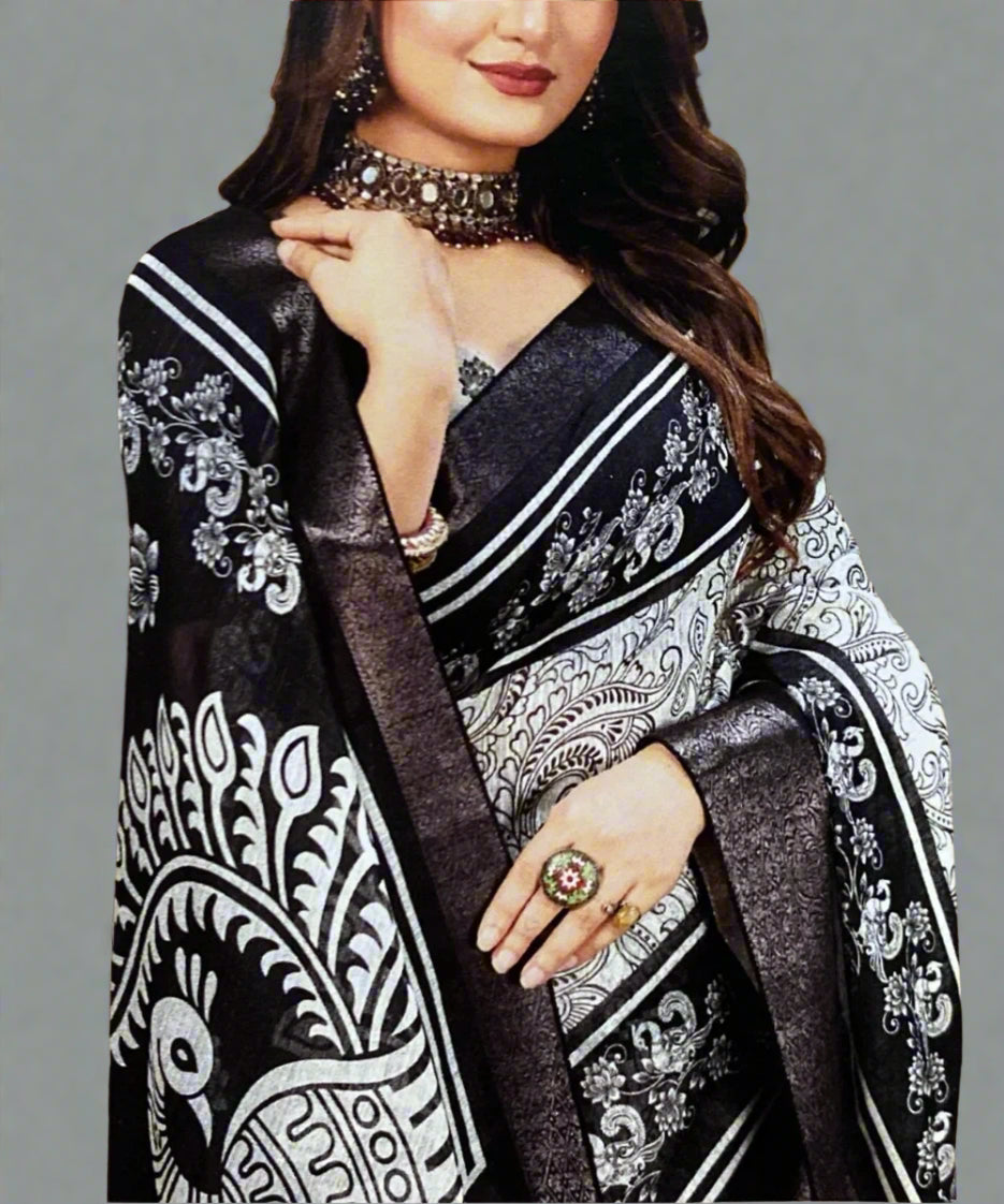 Woman wearing a black and white peacock print formal saree with a grey background