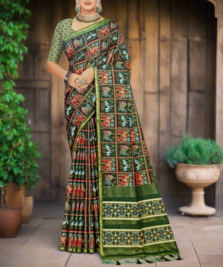 Woman wearing a green and multicolored saree perfectfor government job interview.