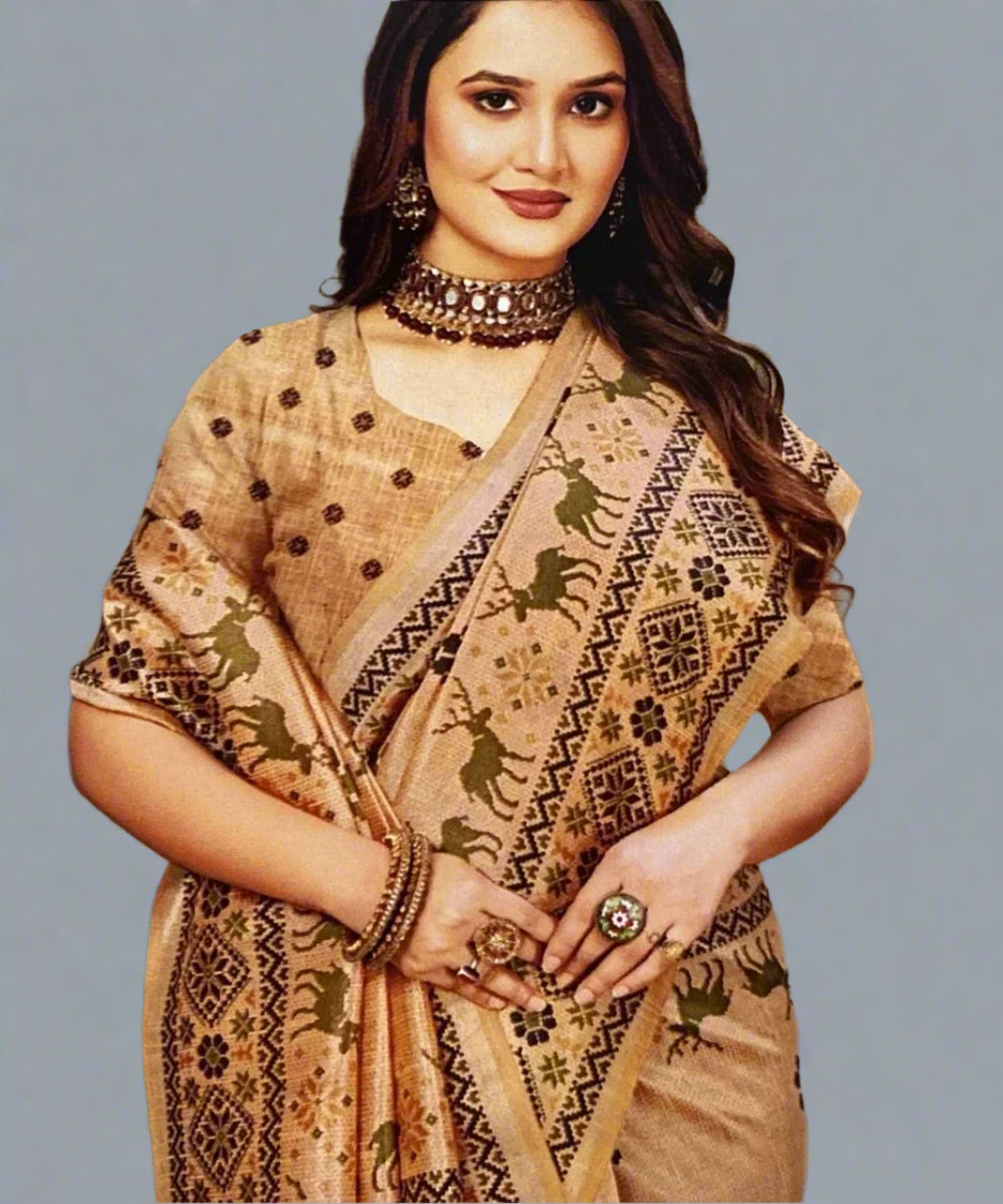 A woman wearing a traditional patterned saree is perfect for formal events.