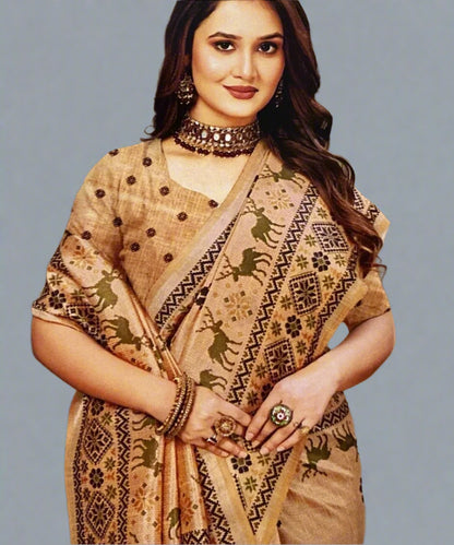 A woman wearing a traditional patterned saree is perfect for formal events.