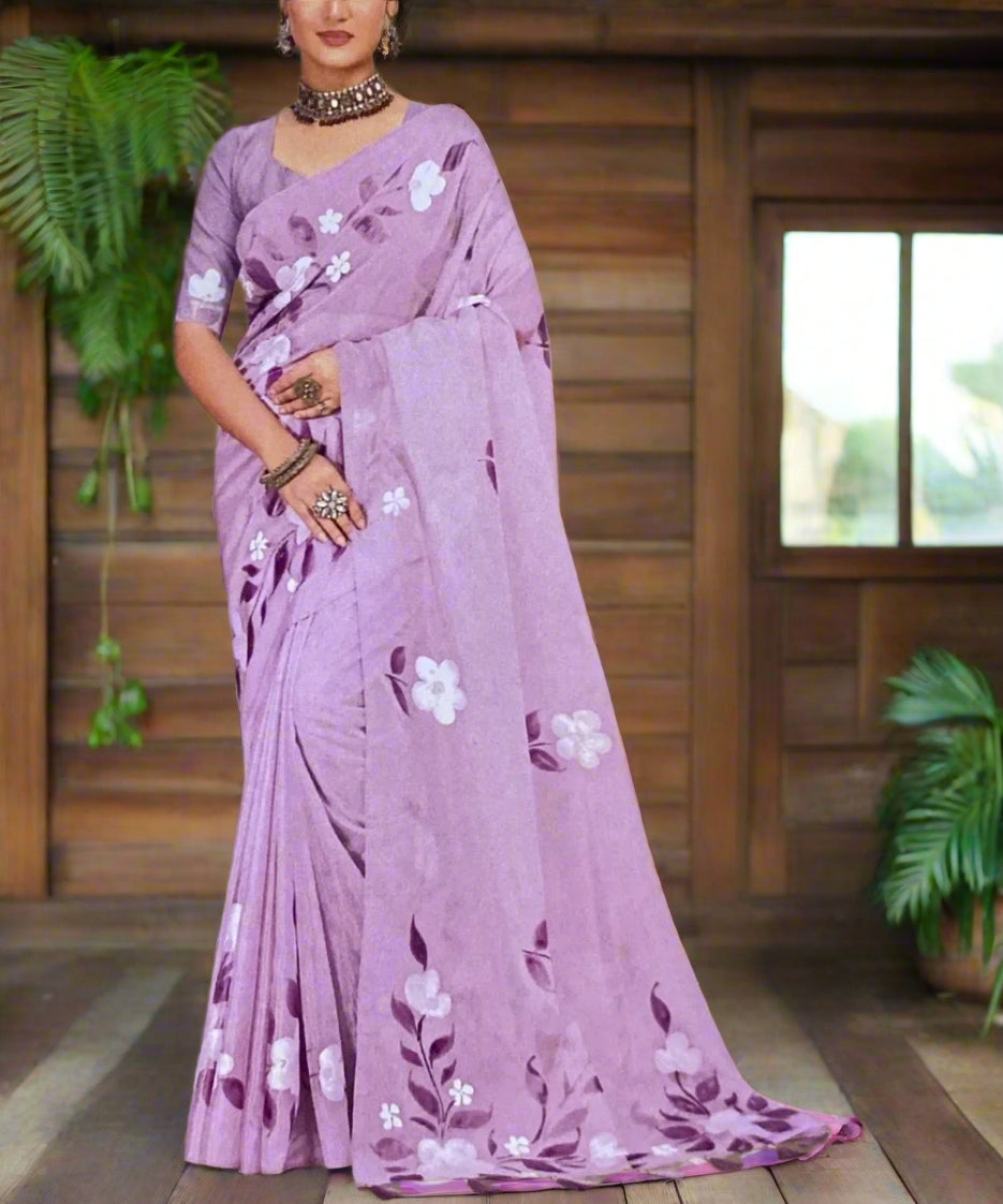 Purple hand-painted saree with floral patterns on a grey background