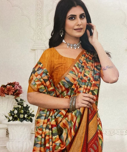 Woman wearing a colorful saree with a white background