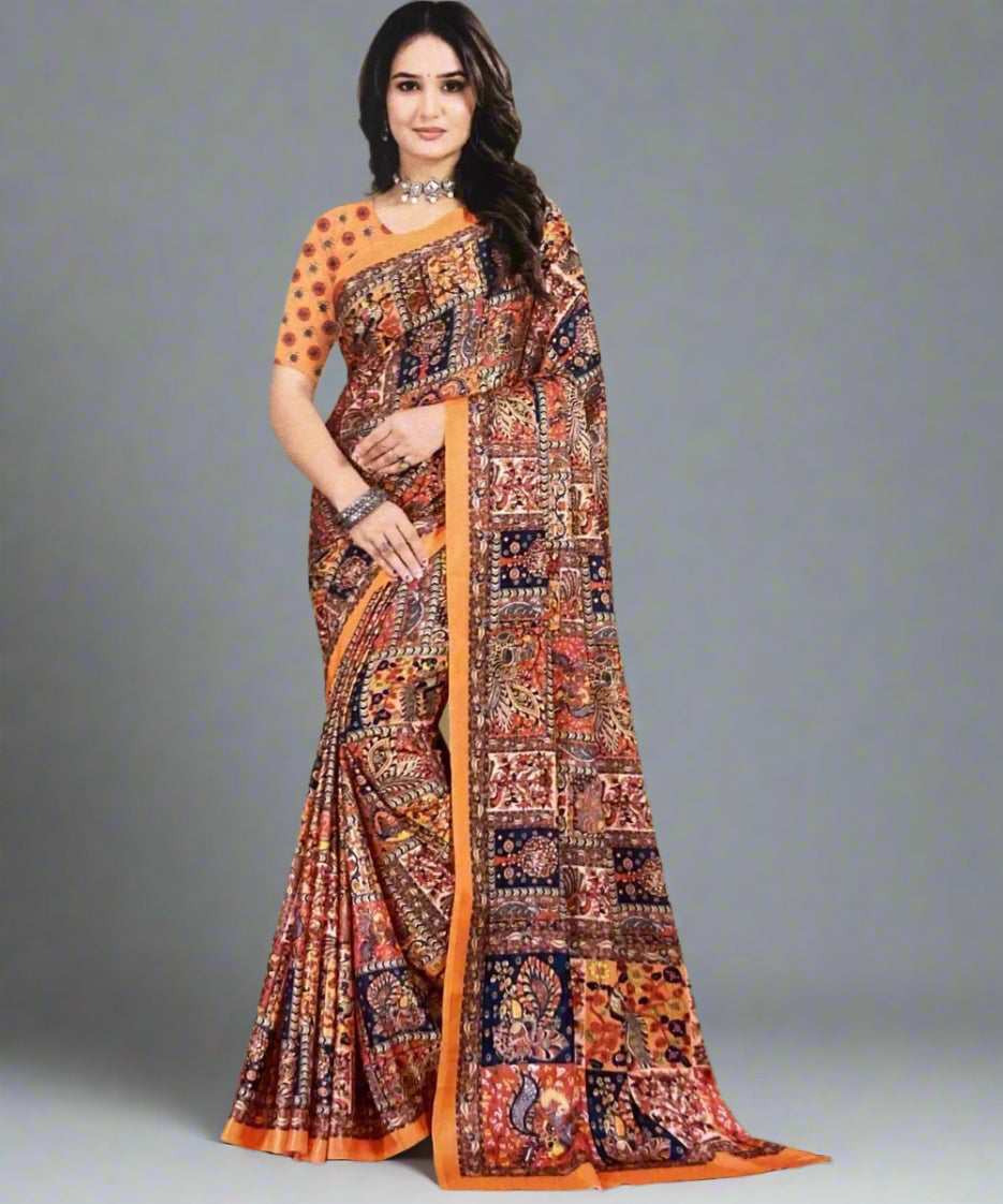 Woman wearing an orange ajrakh saree with an orange border 