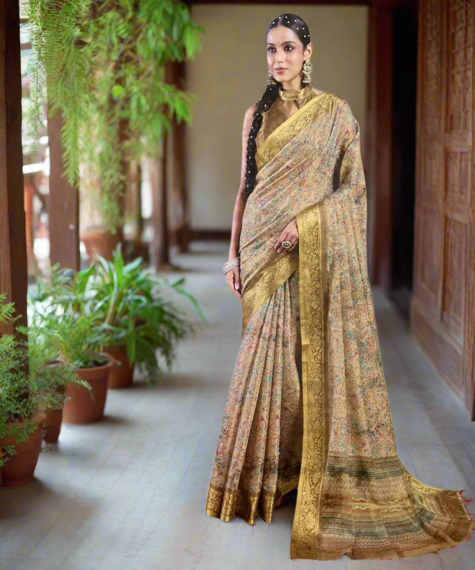 Woman wearing a traditional saree with a matching blouse