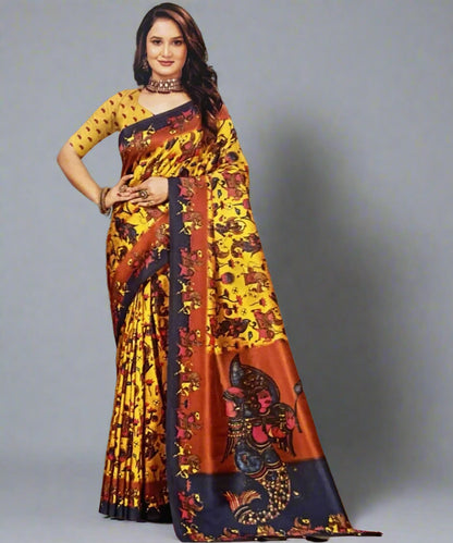 Woman wearing a colourful saree with a patterned design on a grey background