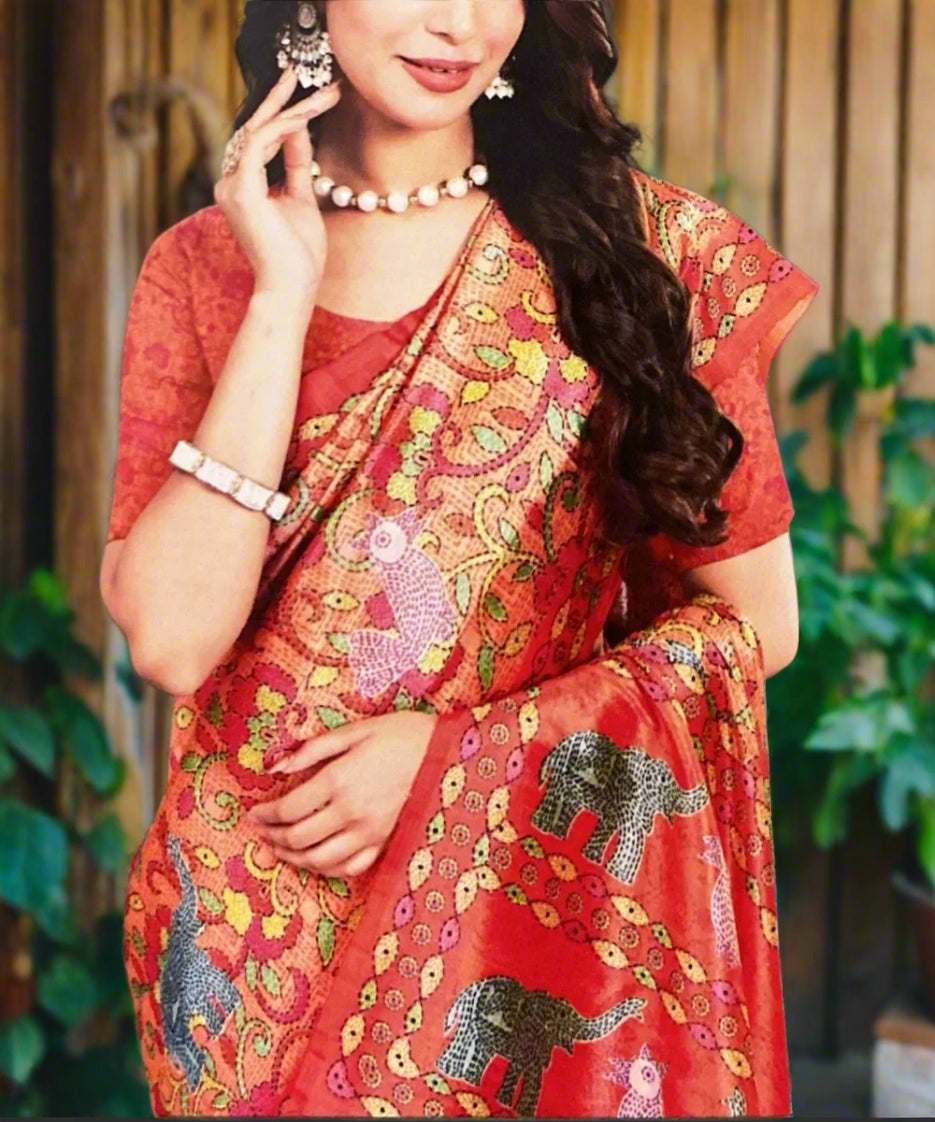 Formal Printed Silk Saree with Blouse - Ideal for Working Women’s Wardrobe