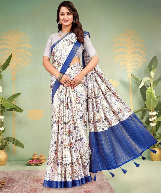 White and Blue Floral Printed Saree for Festive & Office Wear