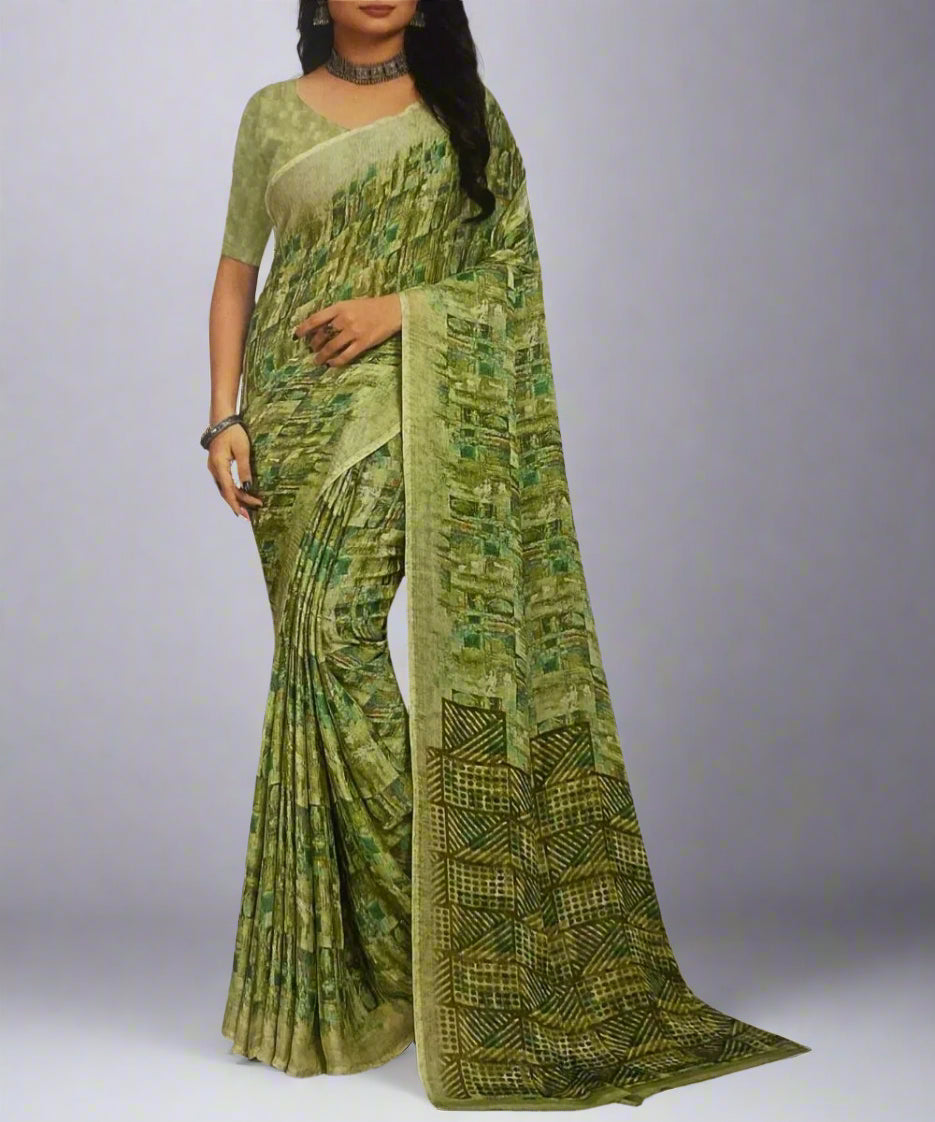 Green patterned saree with a matching blouse for teachers and women in jobs.