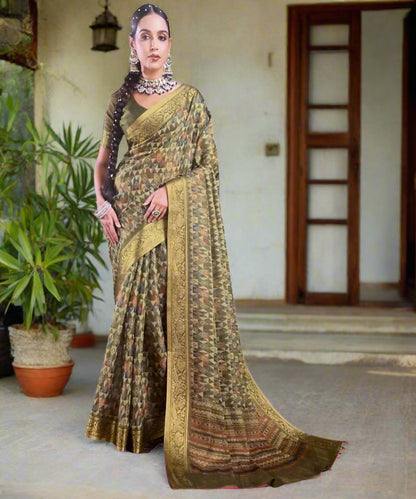Green Geometric Print Saree