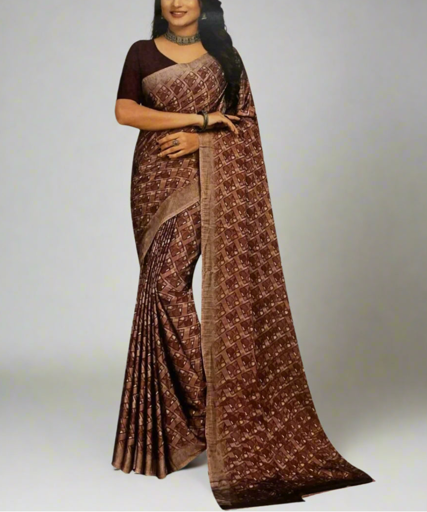 A woman wearing a maroon checked saree, perfect for working women