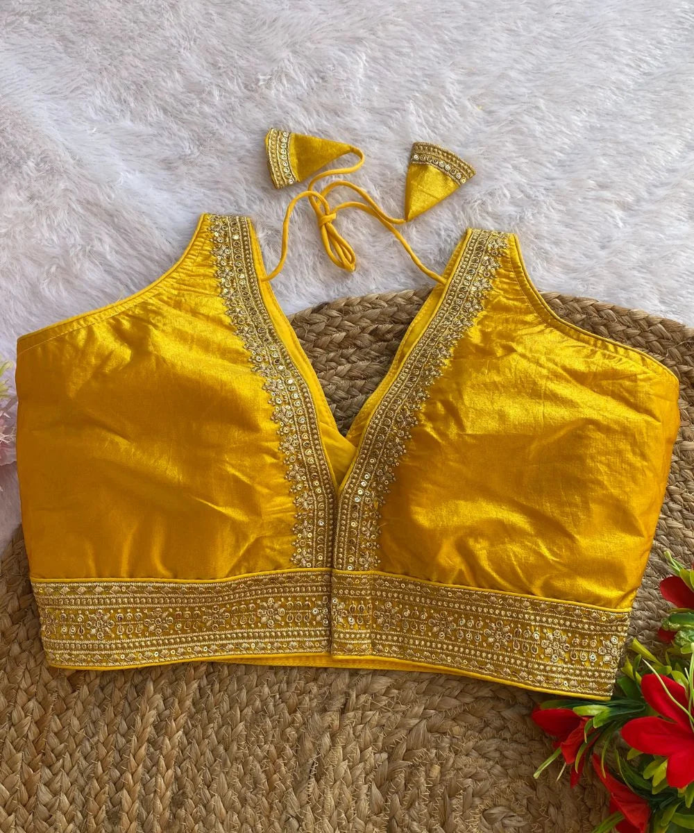 Back side of Yellow Embroidered Wedding Wear Blouse 