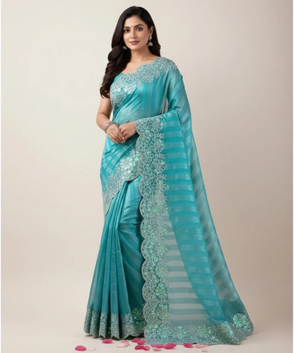 Sea Blue Floral Occasion Saree