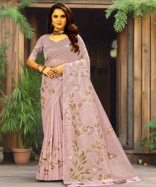 Light purple hand-painted saree with floral patterns for Diwali and office.