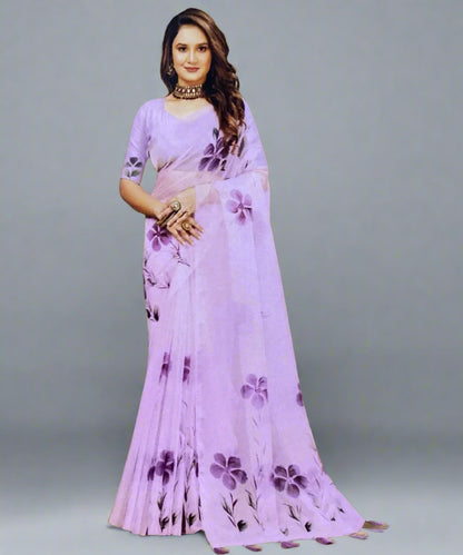 Woman wearing a light purple hand-painted organza saree with floral patterns on diwali.
