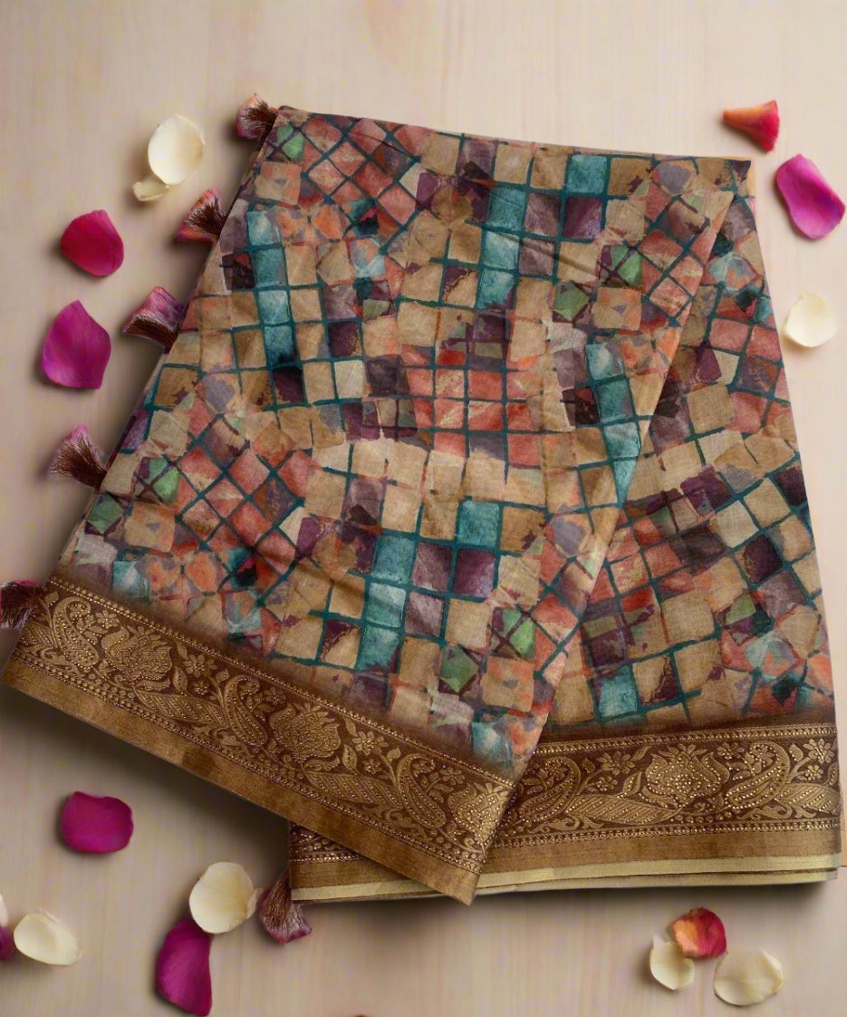 Yellow Geometric Print Sarees