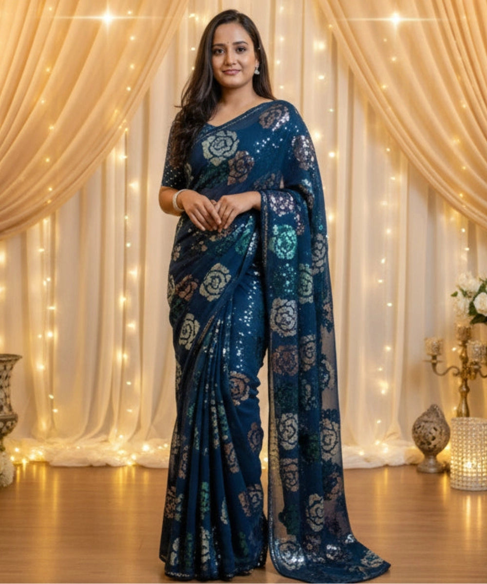 Woman wearing a blue saree with floral patterns against a decorated backdrop with lights and curtains.