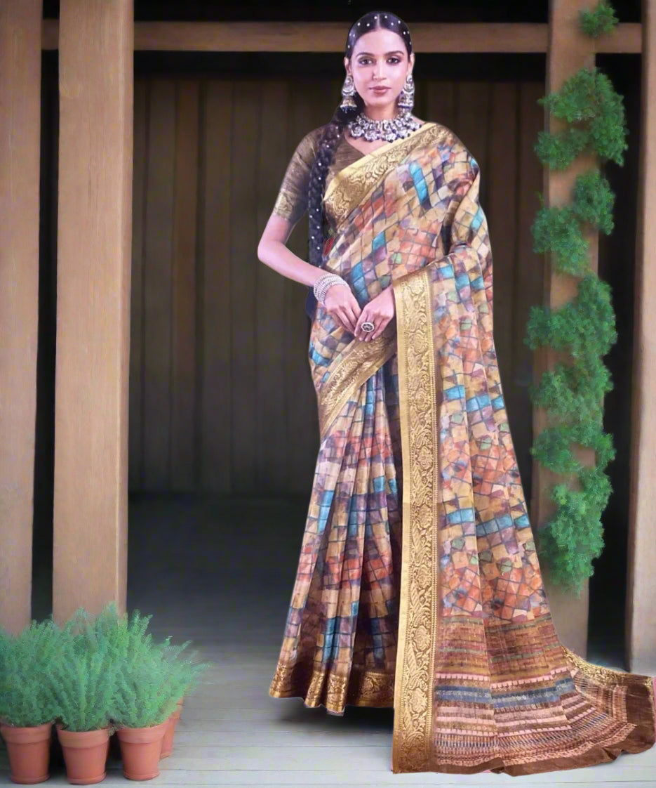 Woman wearing a colorful saree with a grey background