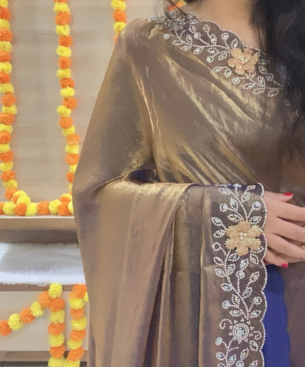 Golden-Dust Colored Satin Tissue Saree for Occasion