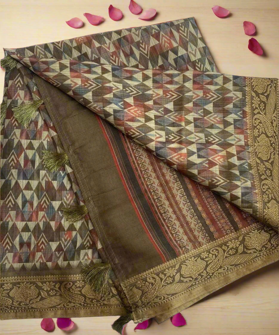 Green Geometric Print Saree