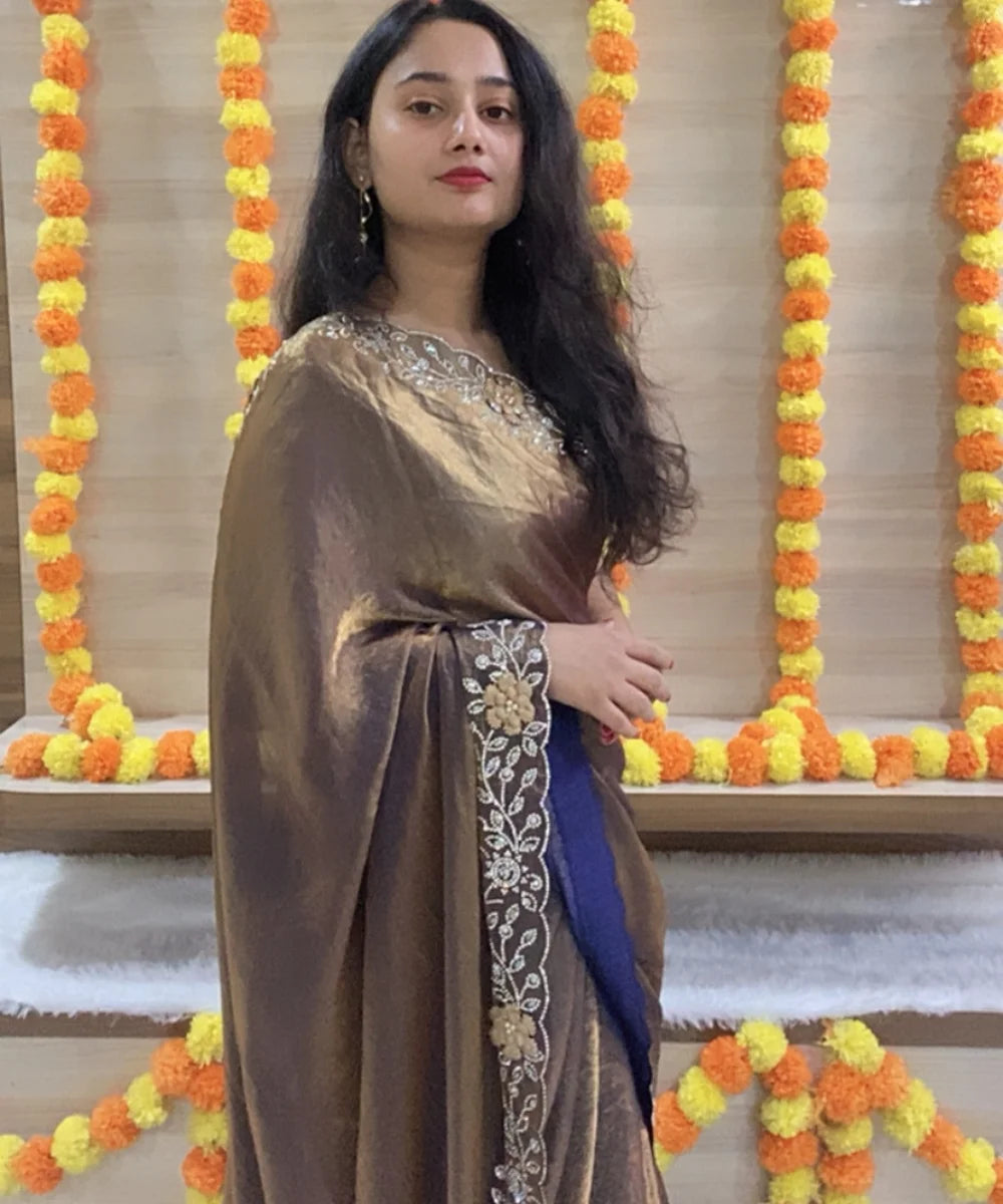 Golden-Dust Colored Satin Tissue Saree for Occasion