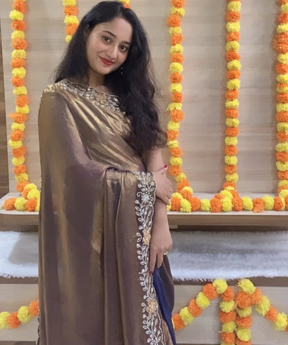 Golden-Dust Colored Satin Tissue Saree for Occasion