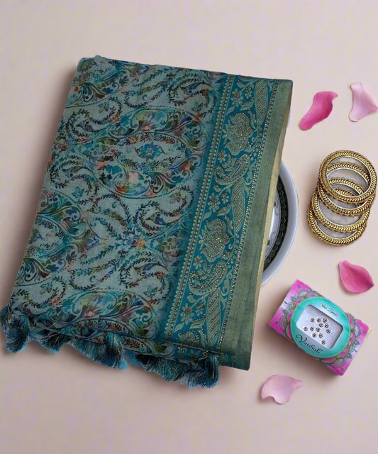 Green Paisley Printed Sarees