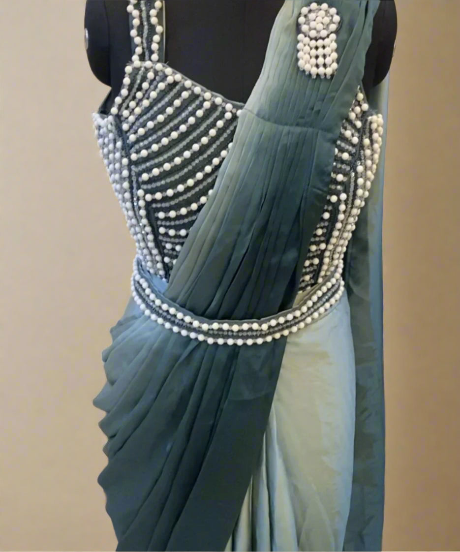 Green Pearl Stitched Saree