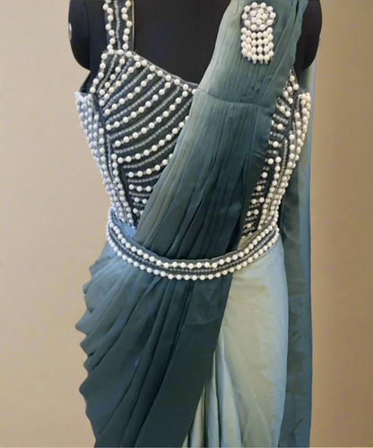 Green Pearl Stitched Saree