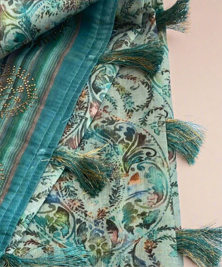 Green Paisley Printed Sarees