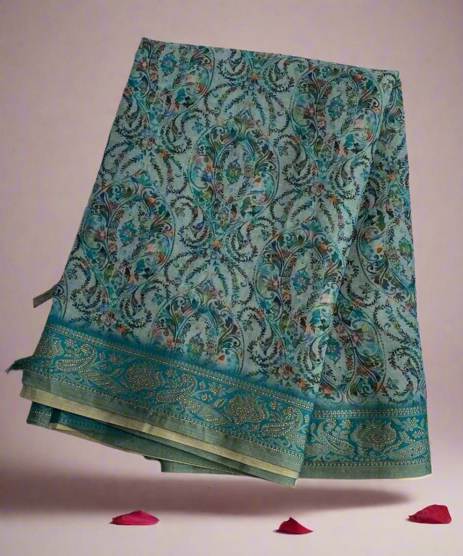Green Paisley Printed Sarees