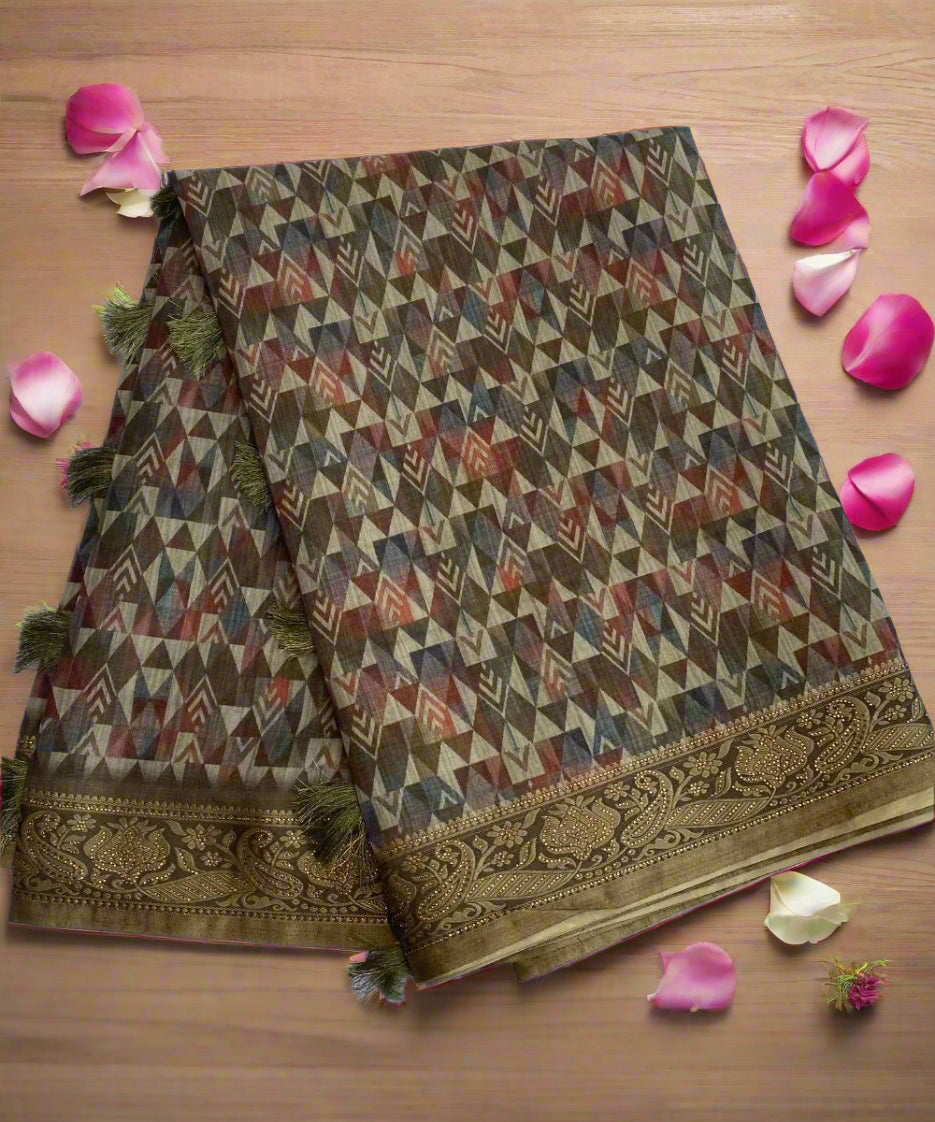 Green Geometric Print Saree