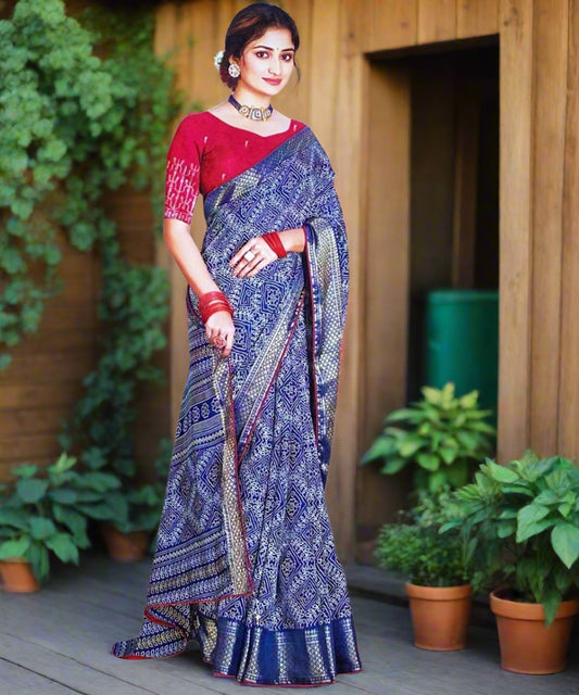 Woman wearing a blue and pink saree perfect for bhaat function