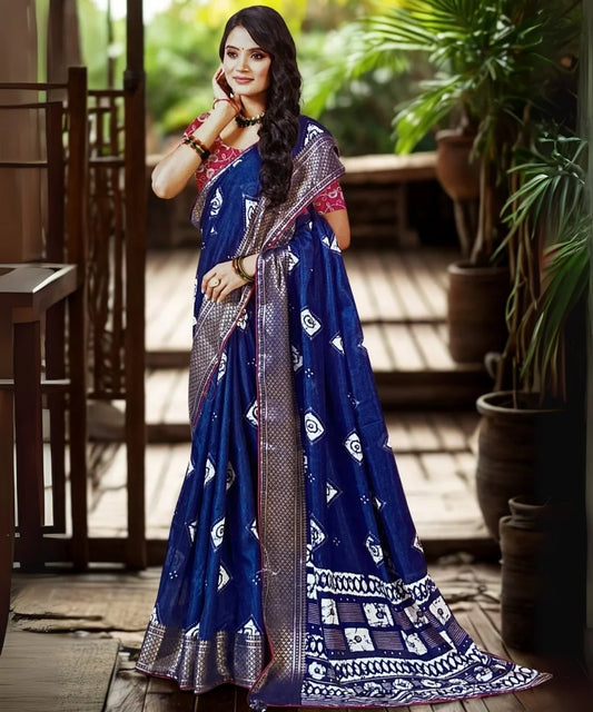 Bhandej Saree with Embroidered Blouse