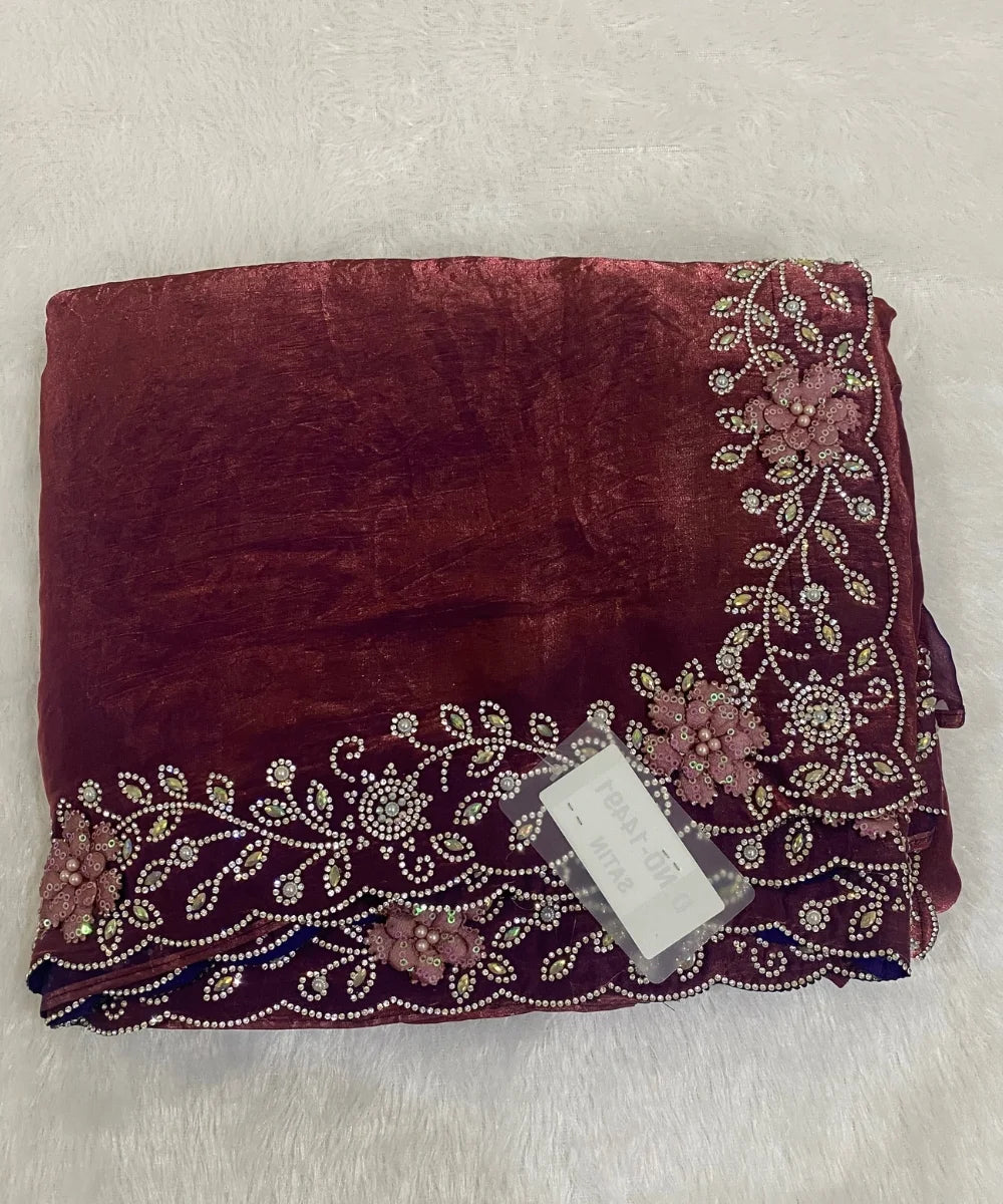 Wine Colored Satin Tissue Saree for Occasion