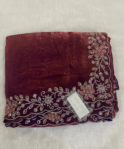 Wine Colored Satin Tissue Saree for Occasion
