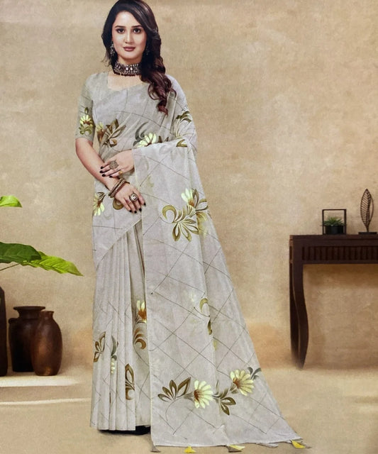 Woman wearing a hand-painted floral saree in a room with decorative elements for diwali