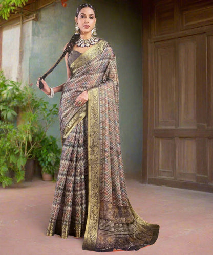Woman wearing a traditional saree with a matching silk blend blouse perfect for evening parties