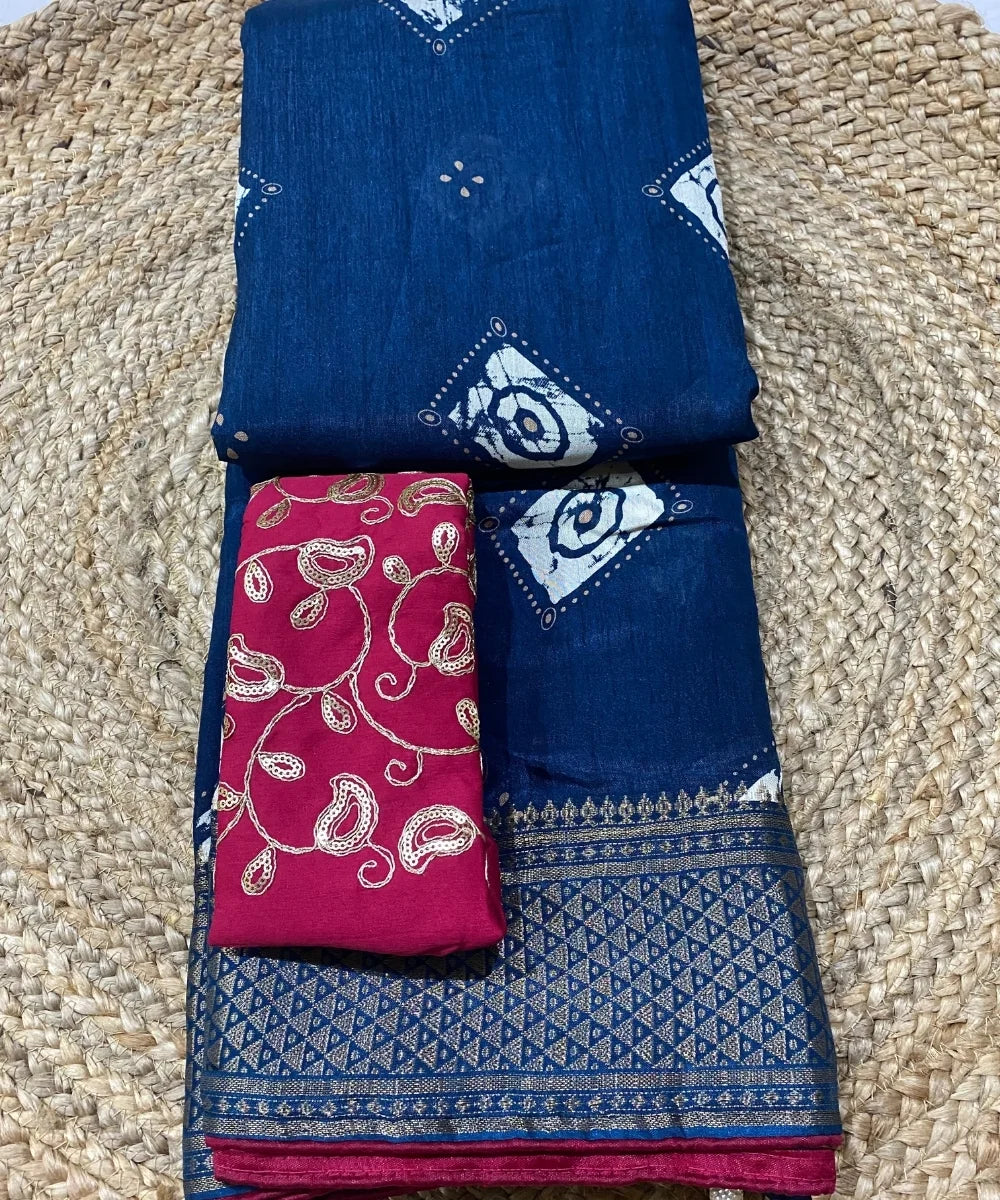 Bhandej Saree with Embroidered Blouse