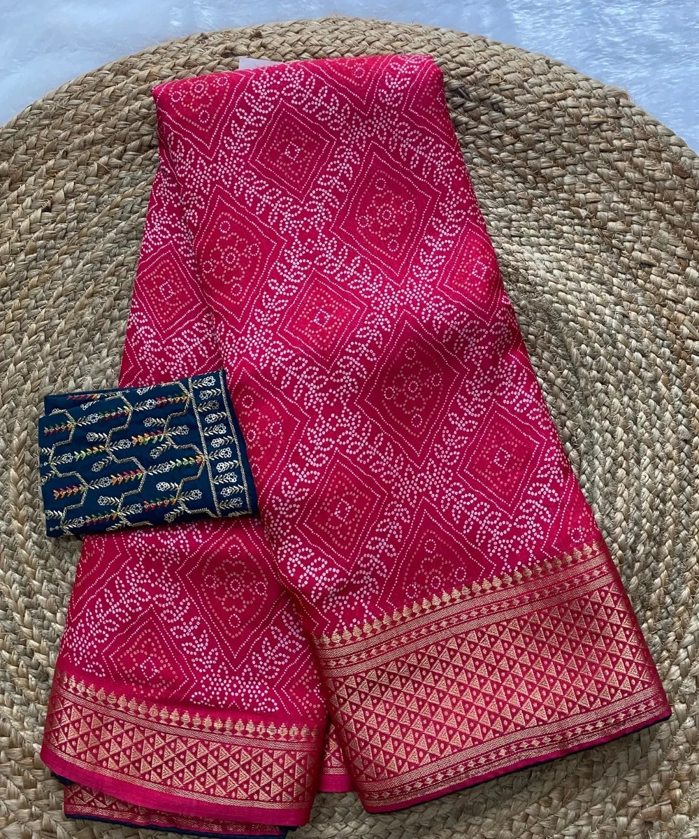 Pink Bandhani Cotton Silk Saree