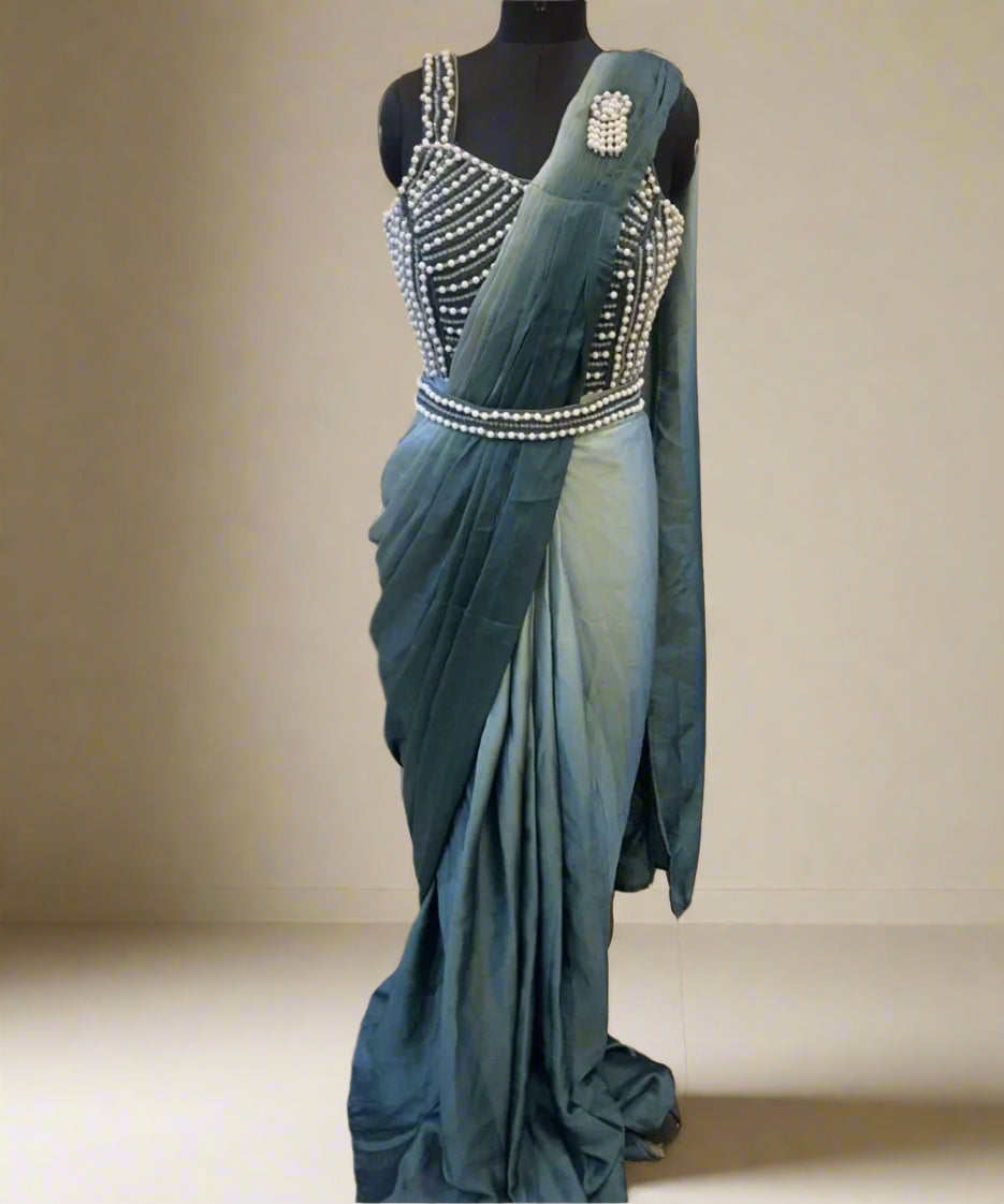 Green Pearl Stitched Saree