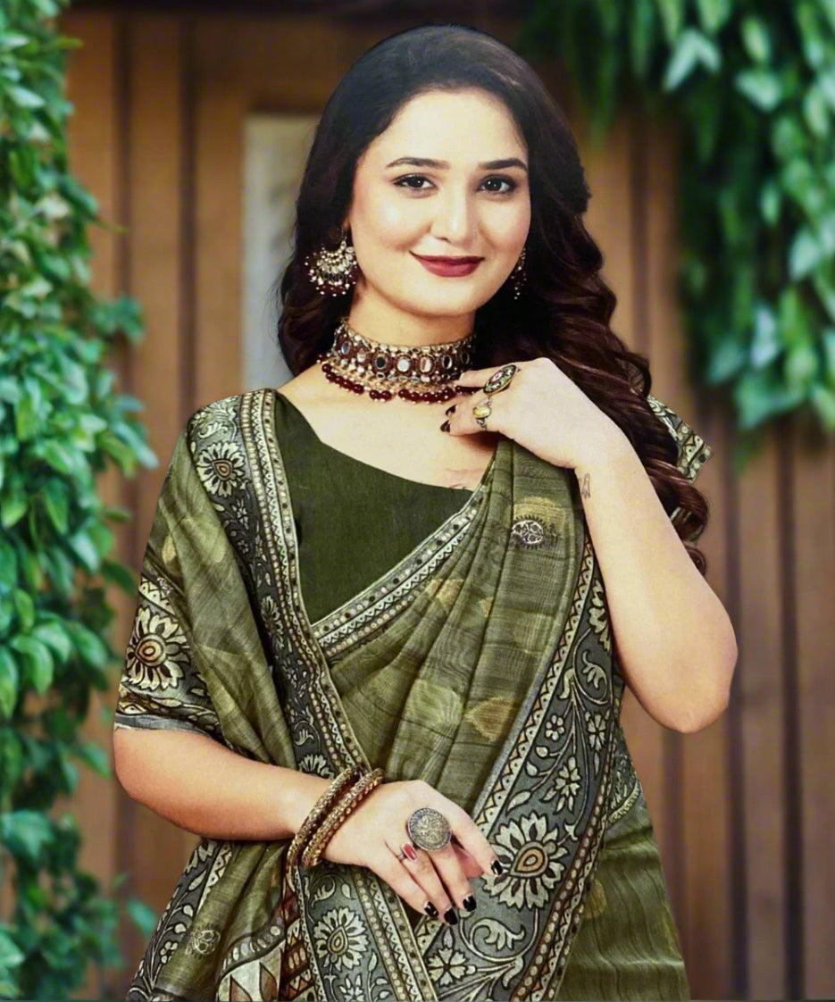 Traditional Olive Green Saree with Ethnic Border