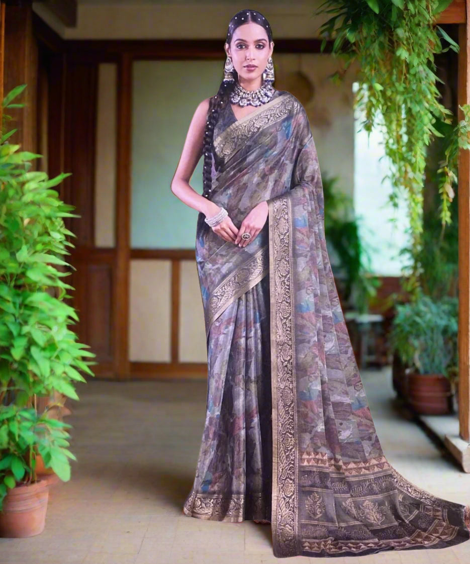 Woman wearing a Versatile Multicolor Printed Silk Blend Saree with Golden Border. A Formal & Festive Wear Saree for Working Women