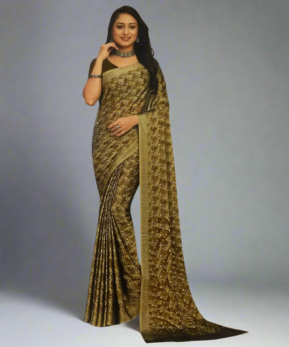 Woman wearing a checked pattern saree with a matching plain blouse.