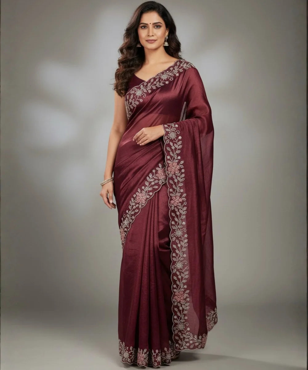Wine Colored Satin Tissue Saree for Occasion