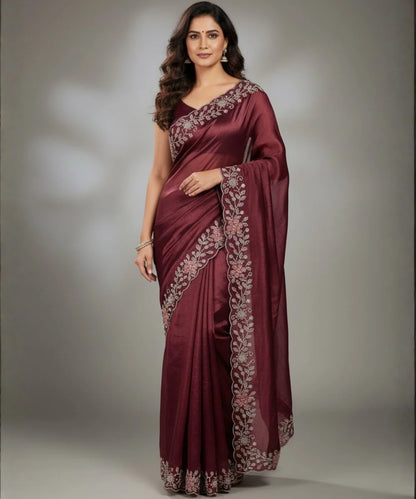 Wine Colored Satin Tissue Saree for Occasion