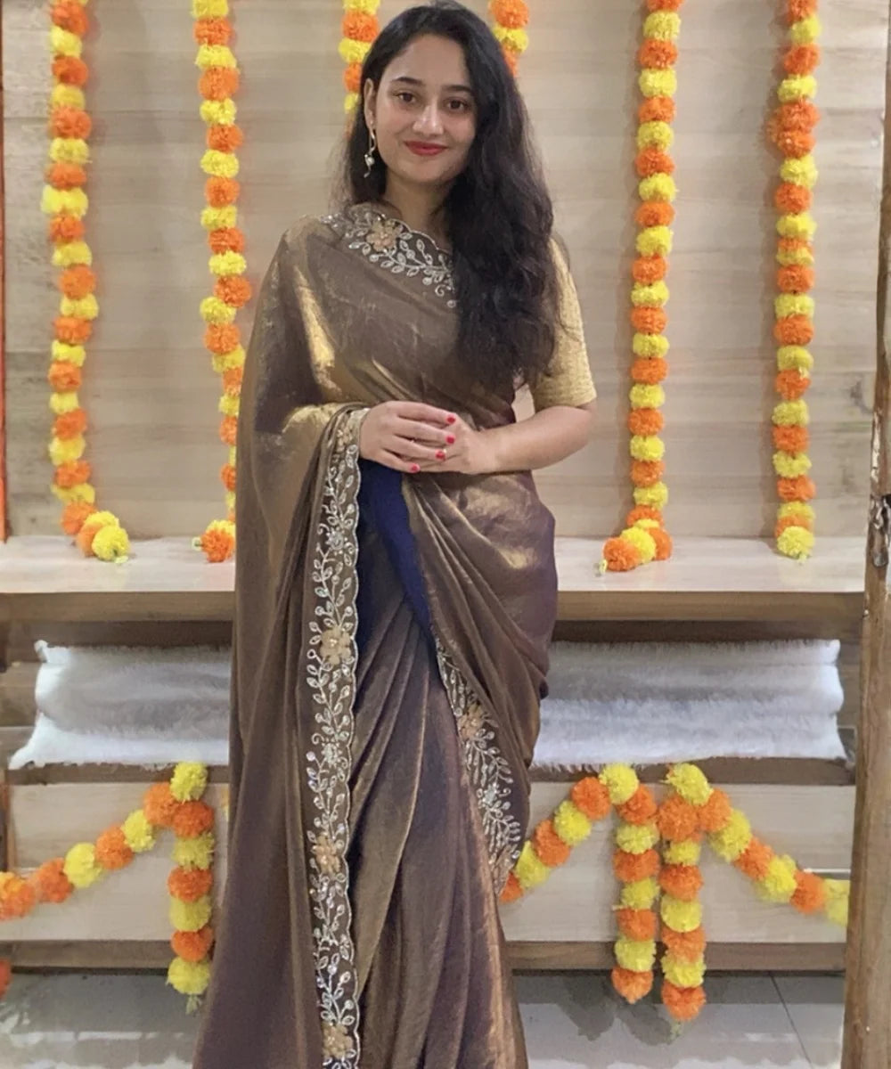 Golden-Dust Colored Satin Tissue Saree for Occasion