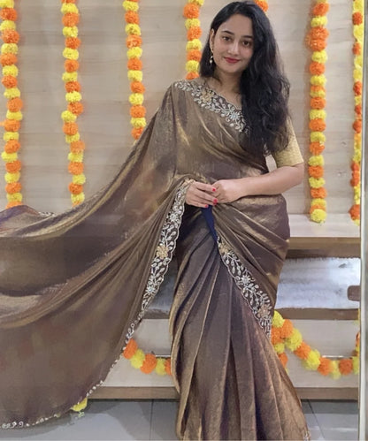 Golden-Dust Colored Satin Tissue Saree for Occasion