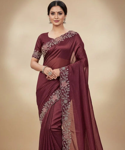 Wine Colored Satin Tissue Saree for Occasion